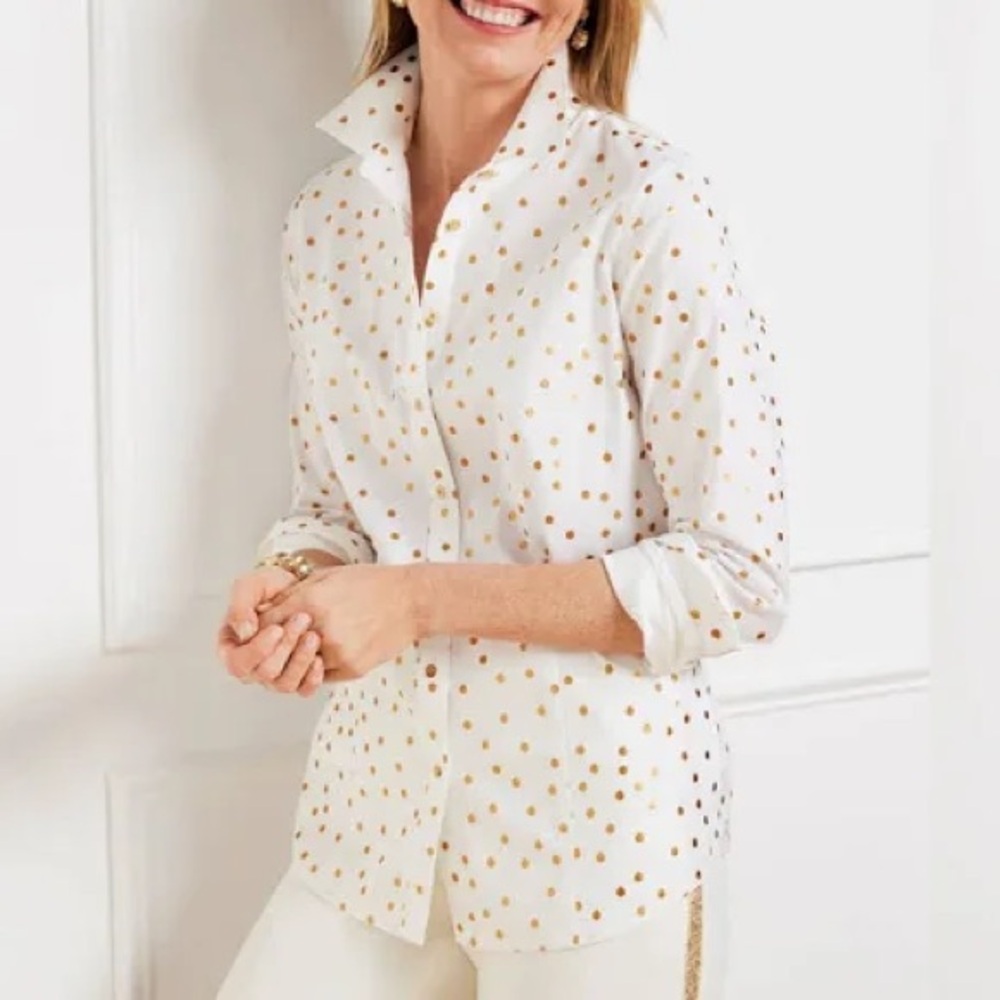 Talbots White and Gold Polka Dot Button Down Shirt